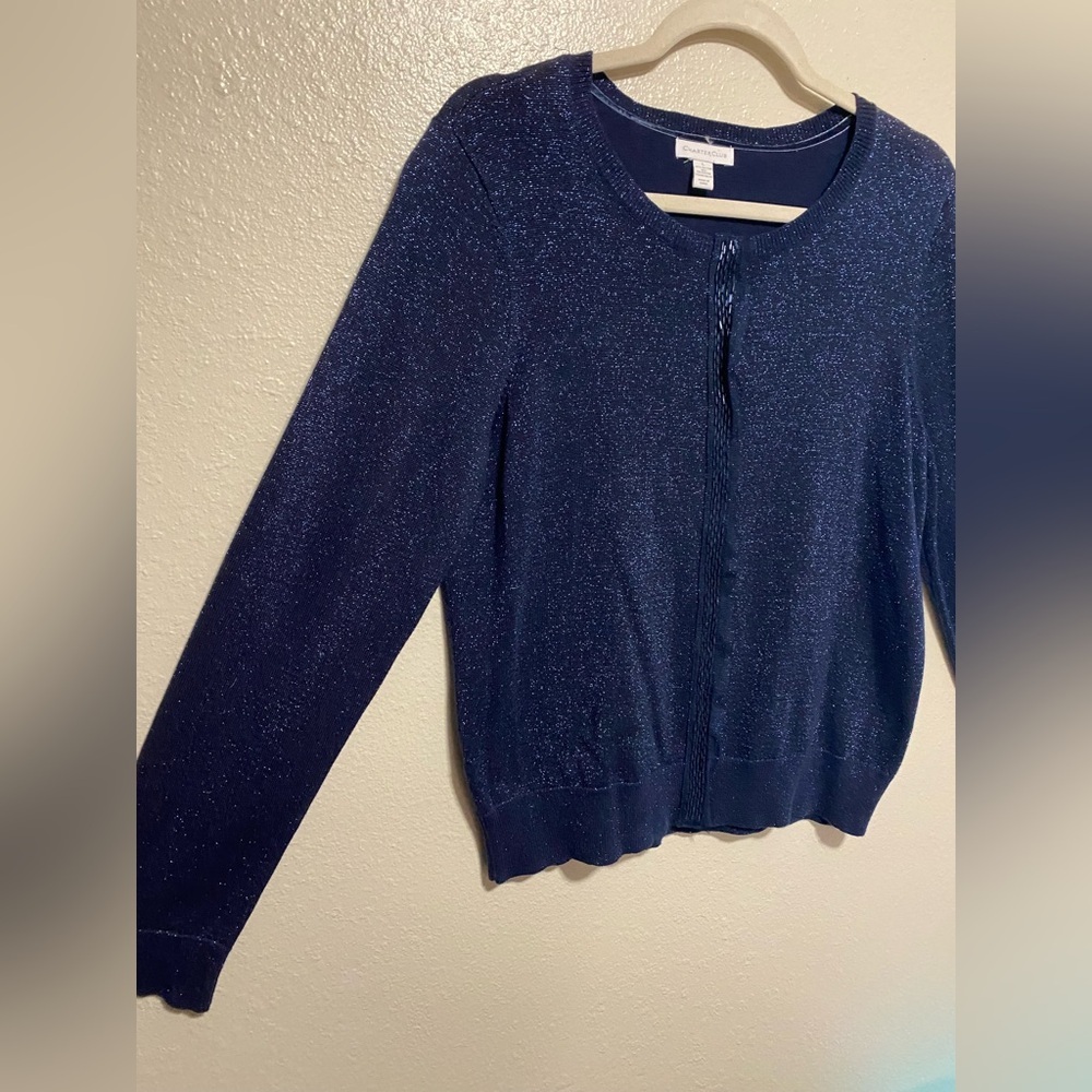 Charter Club Sparkly Blue Cardigan Sweater Sequined Button Front Top |Size Large - Picture 3 of 11